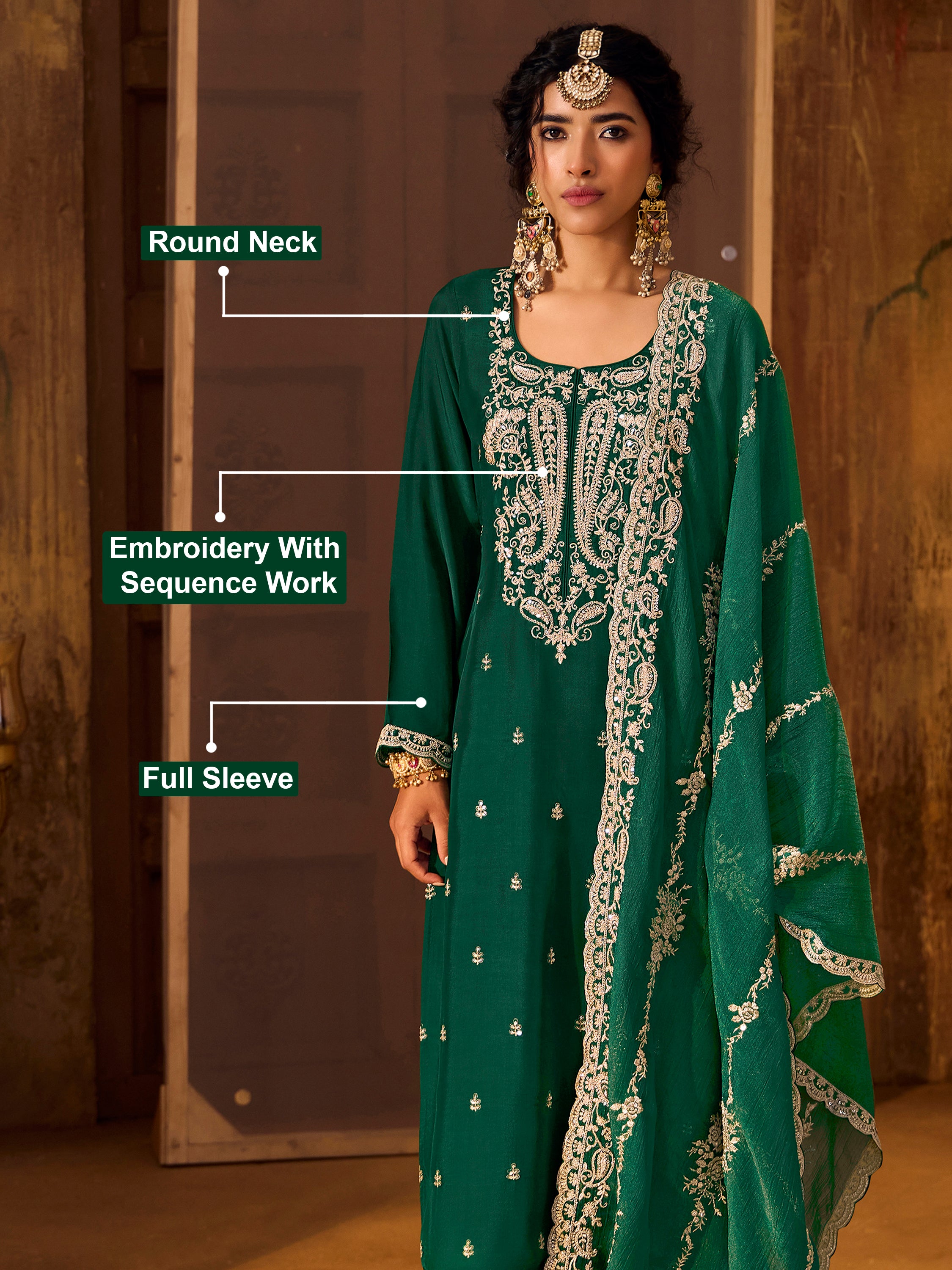 Darkgreen Art Silk Embroidery Sequence Work Kurta Pant Set with Dupatta