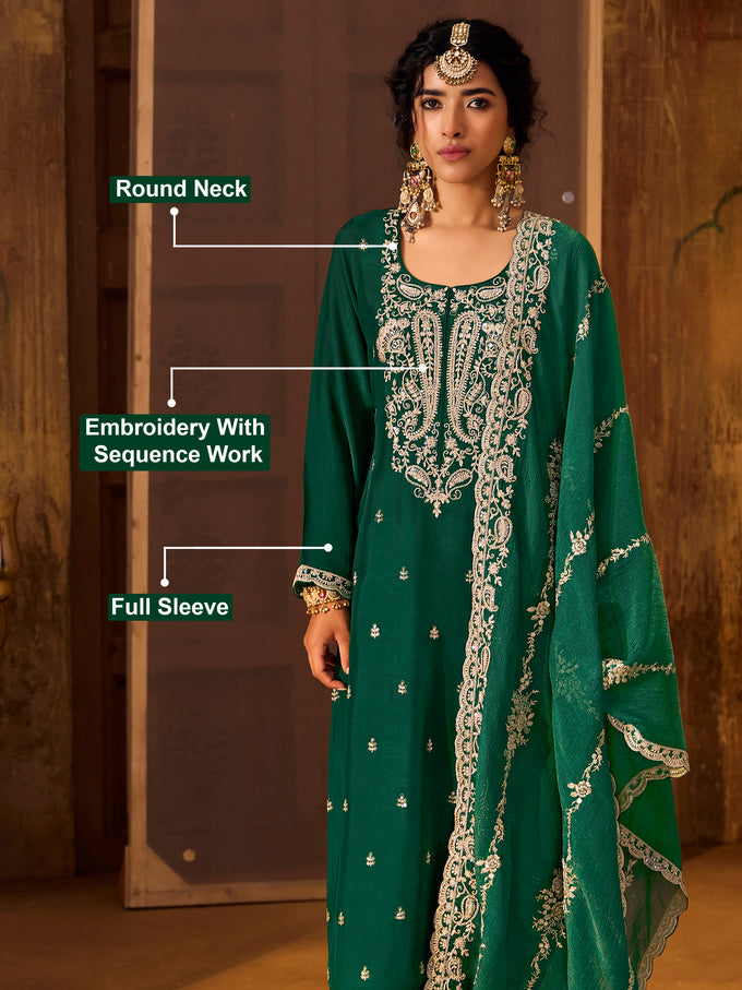 Darkgreen Art Silk Embroidery Sequence Work Kurta Pant Set with Dupatta