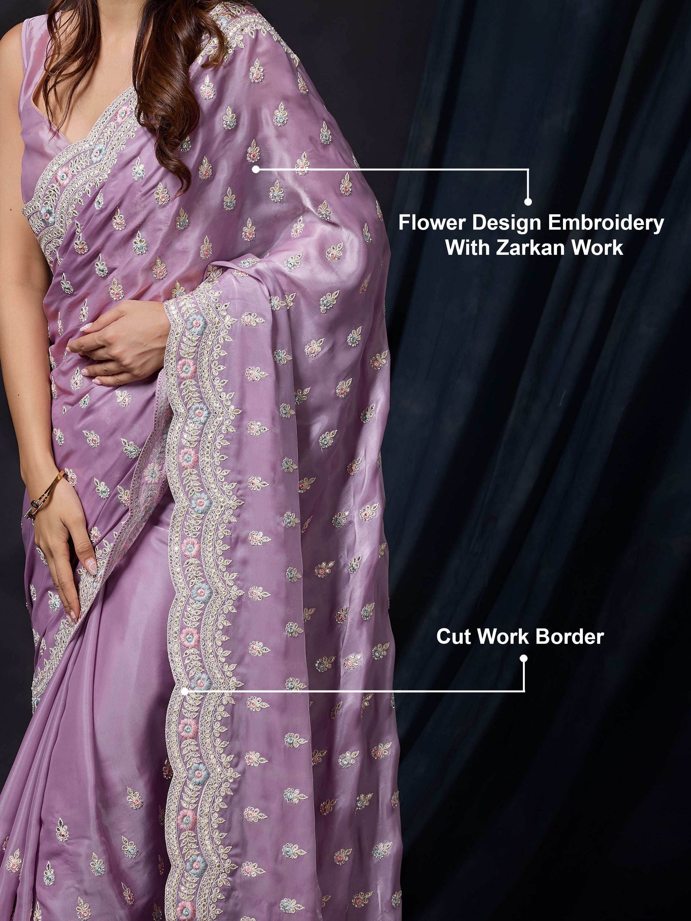 Women Satin Silk Embroidery Work Saree with Blouse Piece Trendmalls