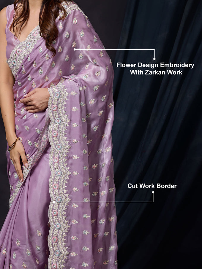 Women Satin Silk Embroidery Work Saree with Blouse Piece Trendmalls