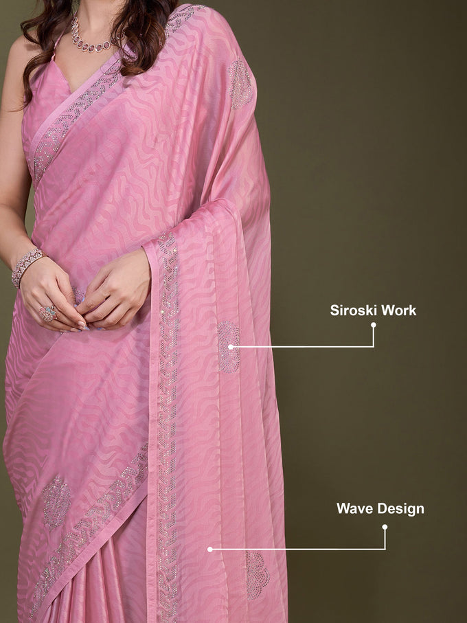 LightPink Chiffon Siroski Work Saree with Unstitch Blouse Piece Trendmalls
