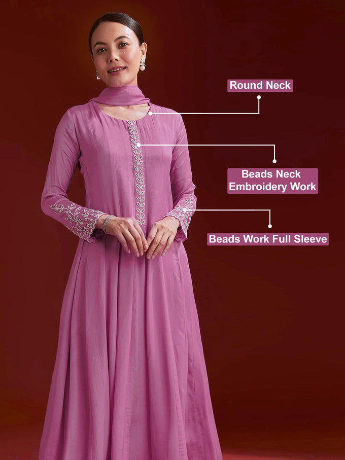 Pink Star Georgette Embroidery Work Kurta Palazzo with Dupatta For Women