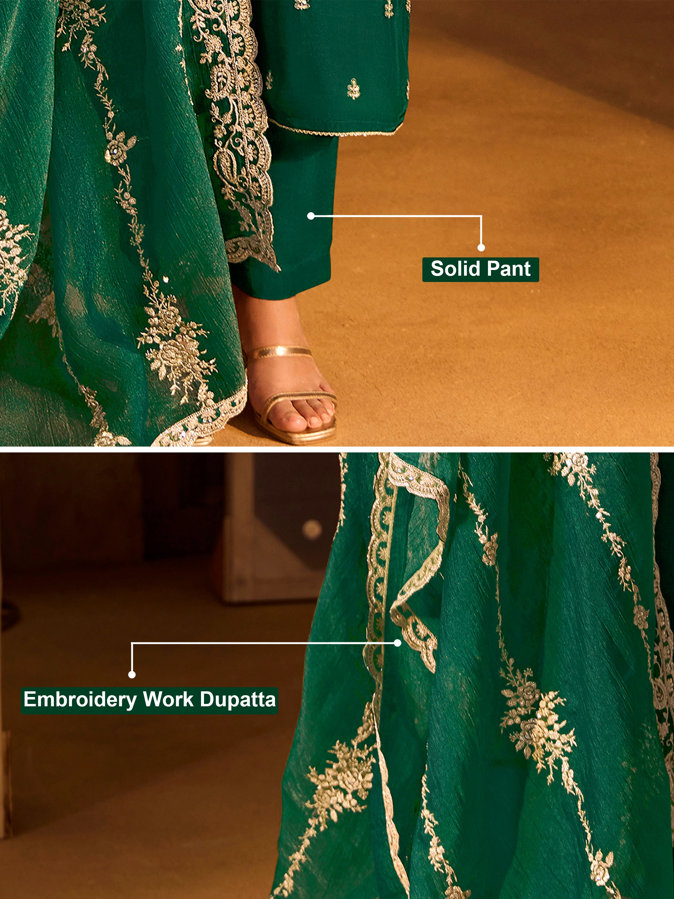 Darkgreen Art Silk Embroidery Sequence Work Kurta Pant Set with Dupatta