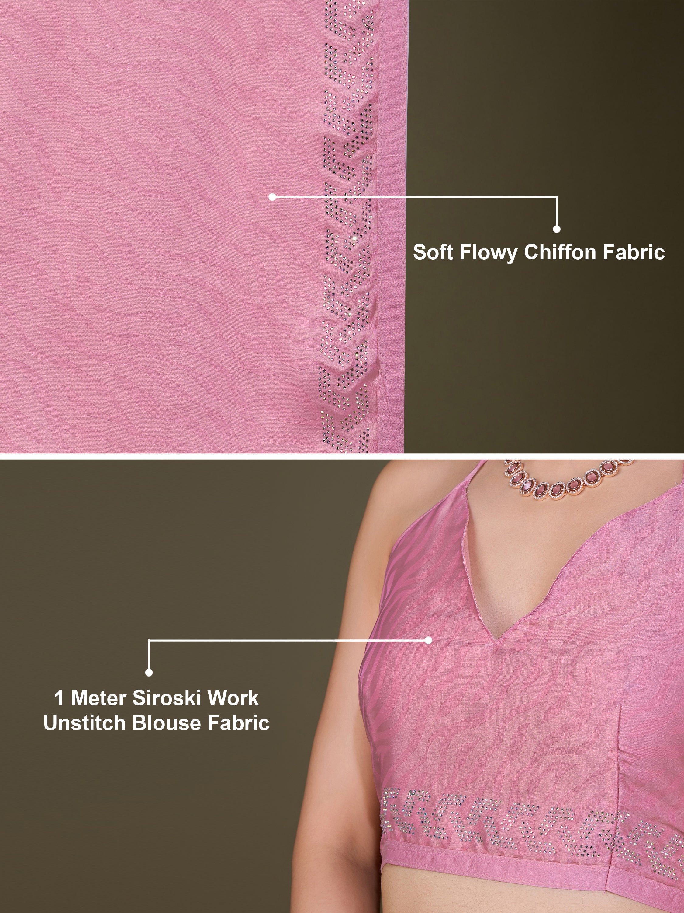 LightPink Chiffon Siroski Work Saree with Unstitch Blouse Piece Trendmalls