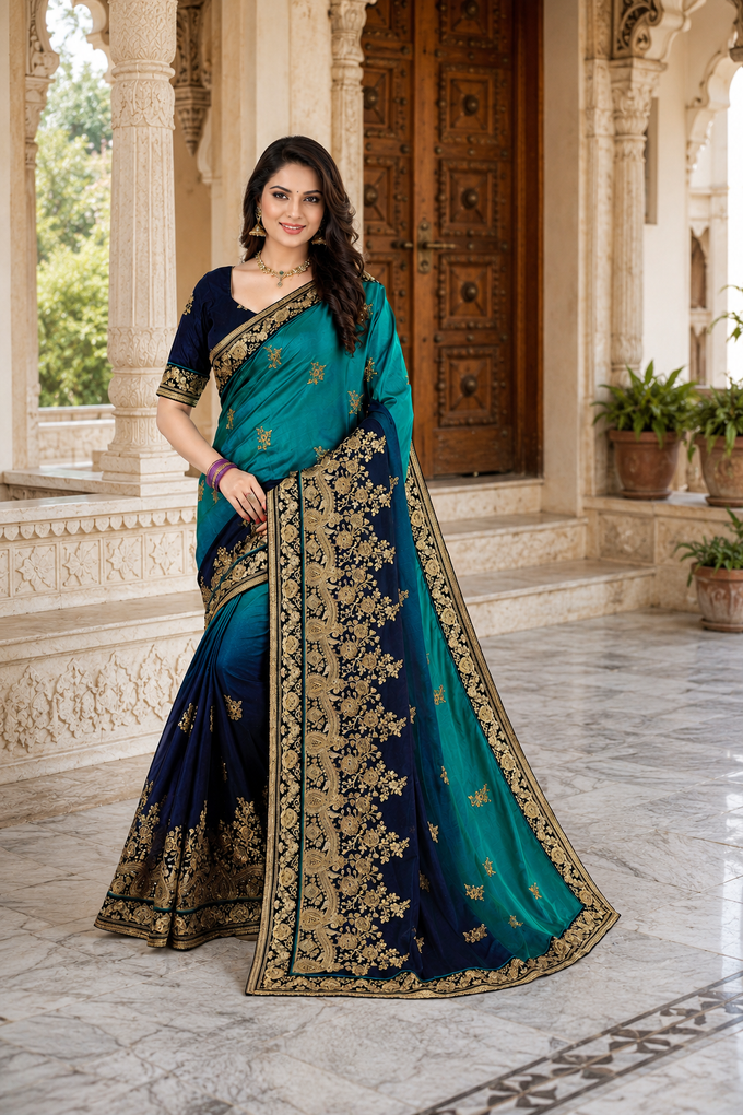 Women's Barfi Silk Embroidey Dual Shade Saree with Blouse Piece