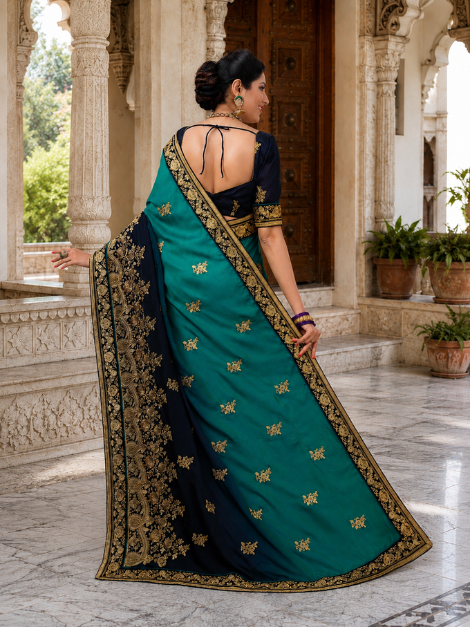 Women's Barfi Silk Embroidey Dual Shade Saree with Blouse Piece