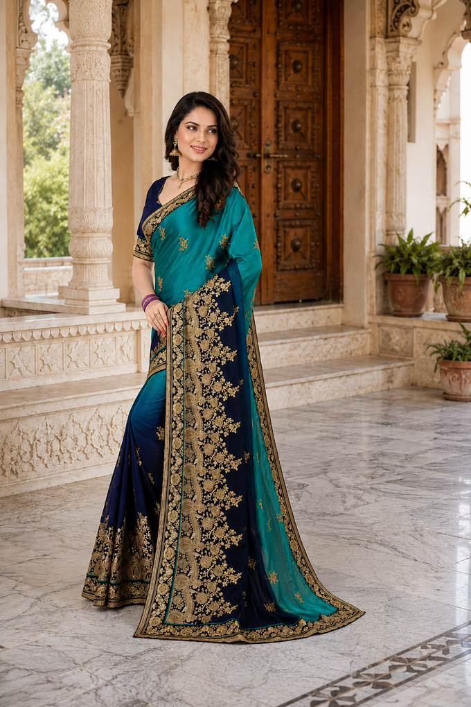 Women's Barfi Silk Embroidey Dual Shade Saree with Blouse Piece
