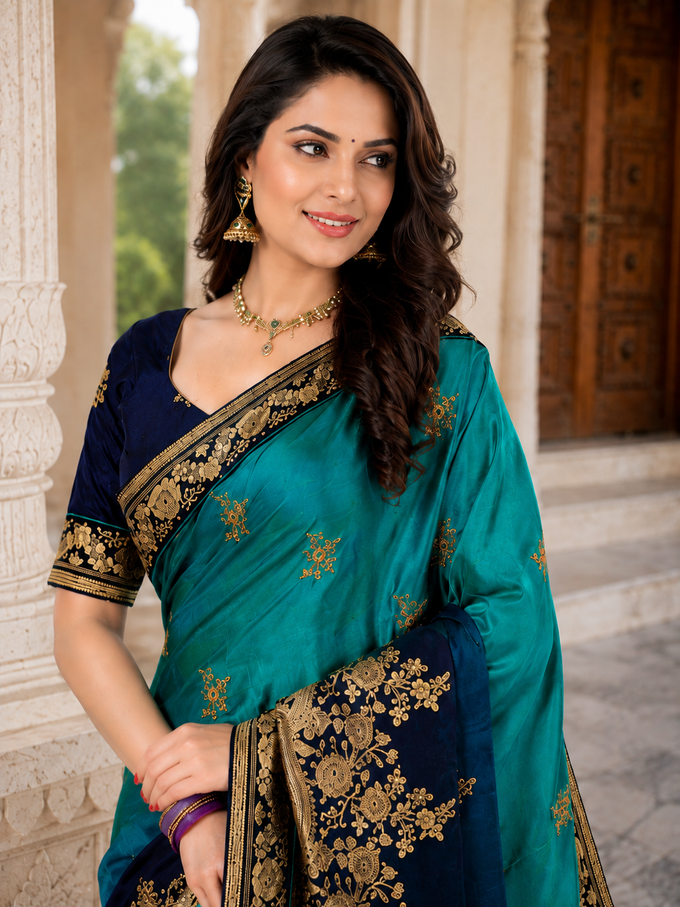 Women's Barfi Silk Embroidey Dual Shade Saree with Blouse Piece