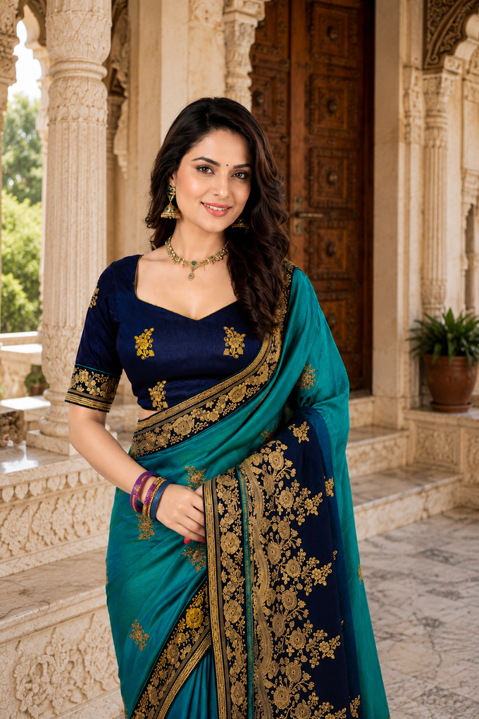 Women's Barfi Silk Embroidey Dual Shade Saree with Blouse Piece