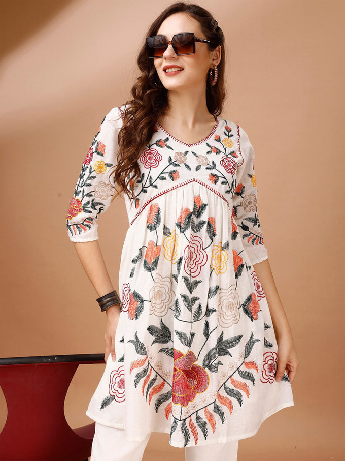 White Cotton Alia Cut Co Ords Set A line Kurta Ser for Women Trendmallsin
