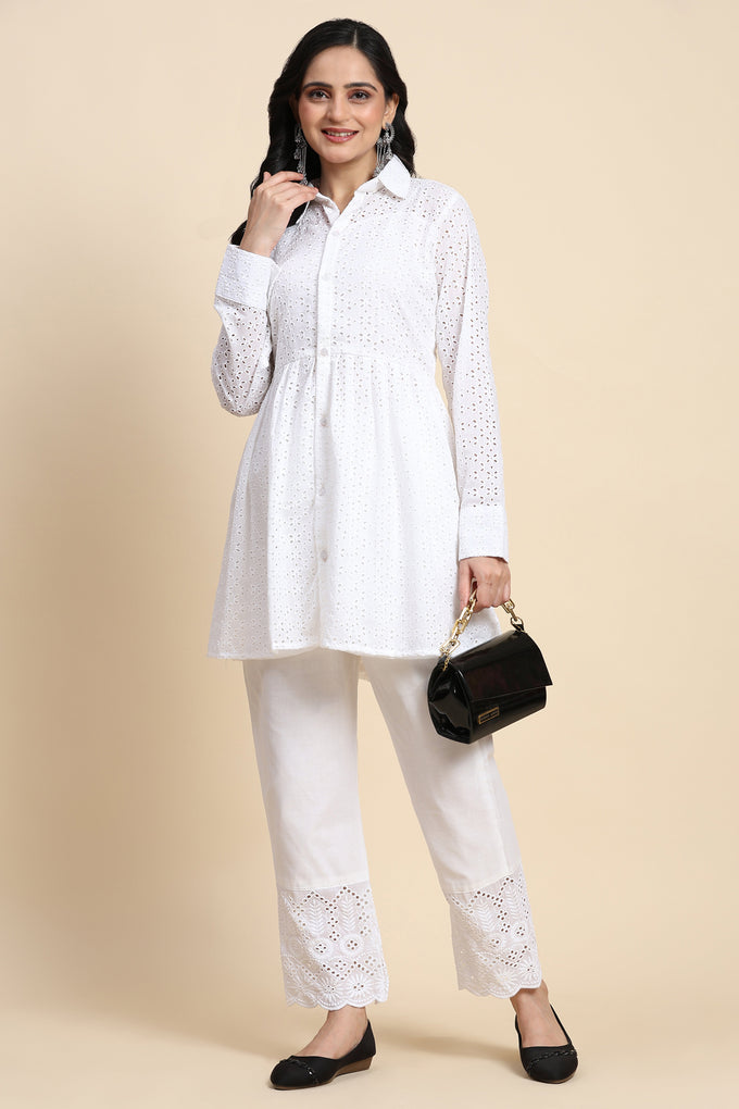 White Cotton Schiffli Co-Ords Set for Women Trendmallsin