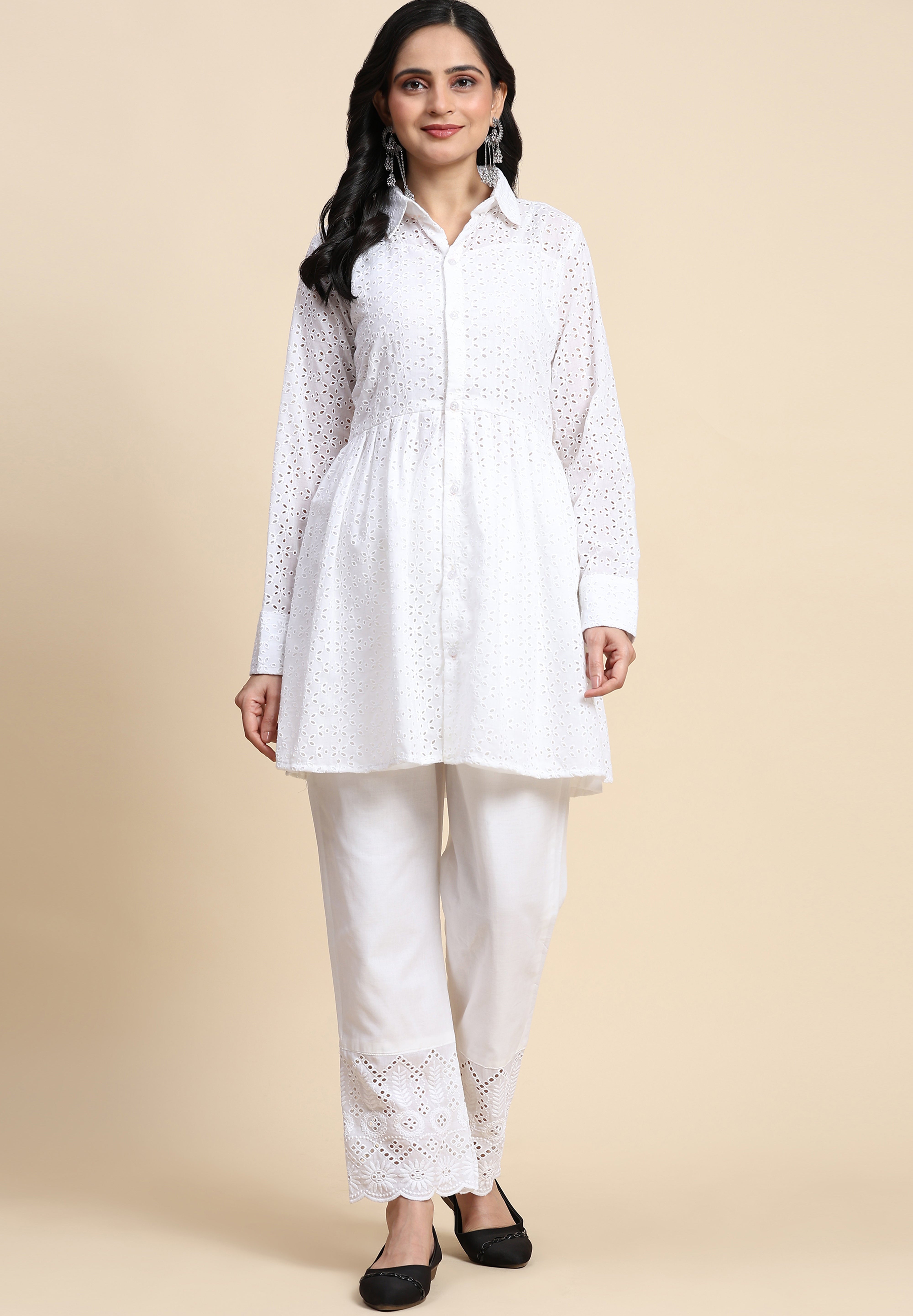 White Cotton Schiffli Co-Ords Set for Women Trendmallsin