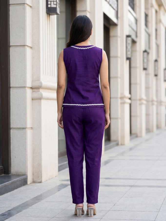 Violet Contrast Lace Work Sleeveless Top with Pant