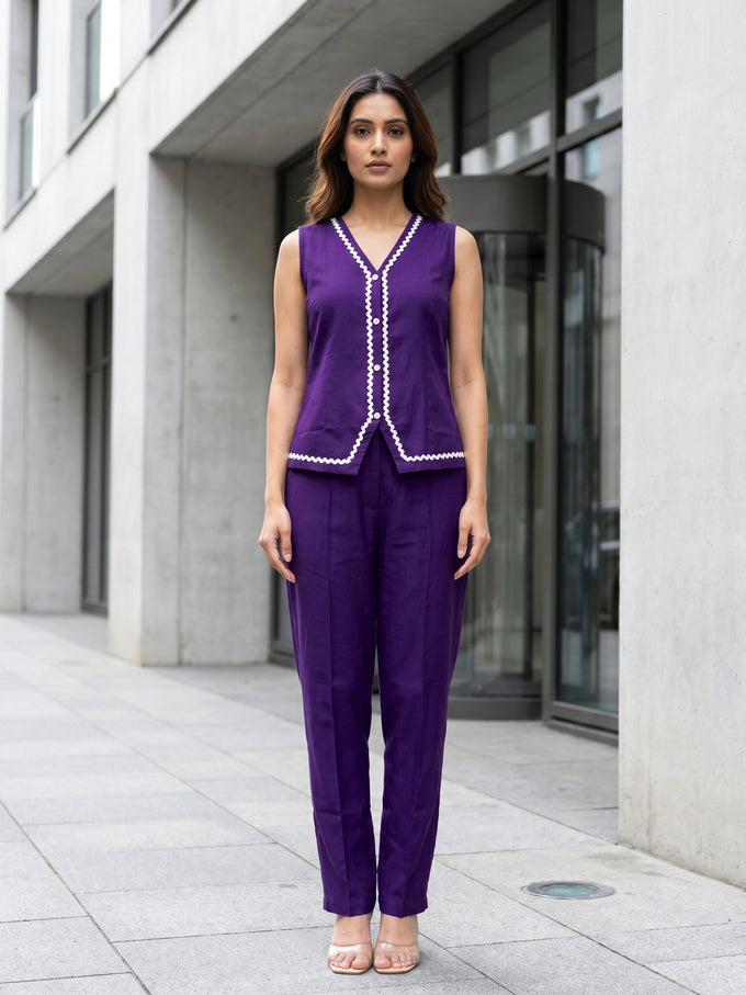 Violet Contrast Lace Work Sleeveless Top with Pant