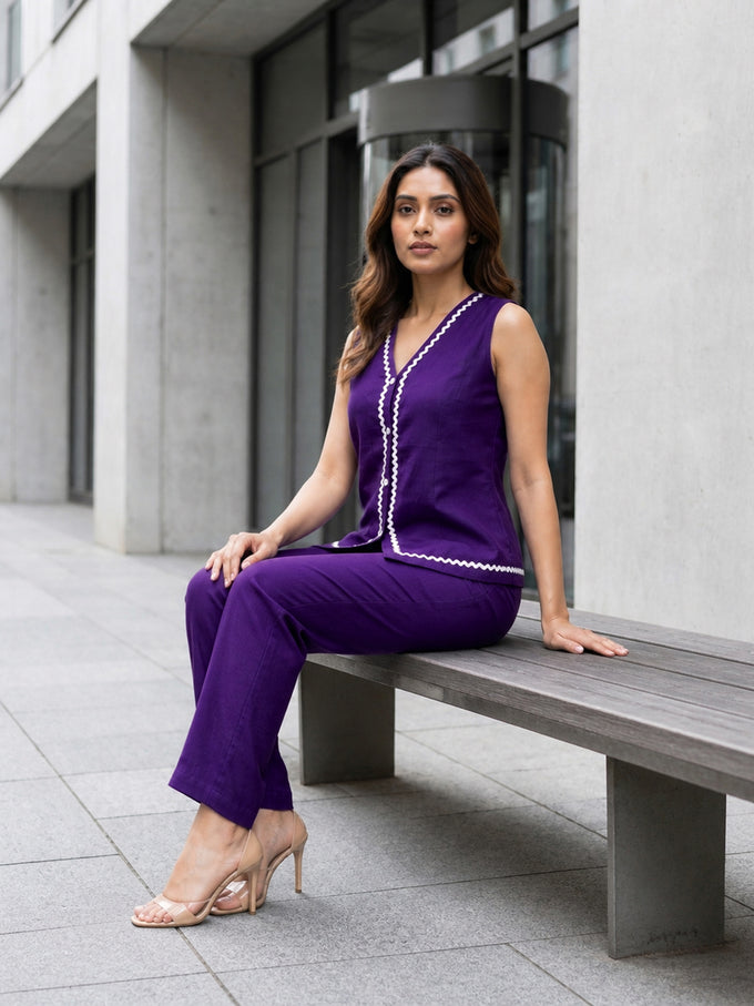 Violet Contrast Lace Work Sleeveless Top with Pant