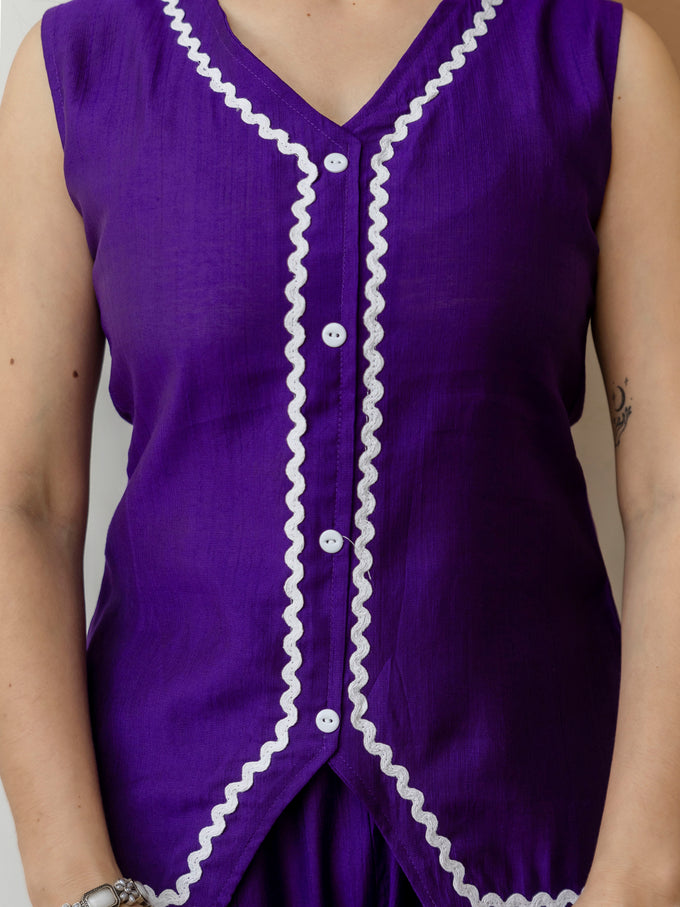 Violet Contrast Lace Work Sleeveless Top with Pant
