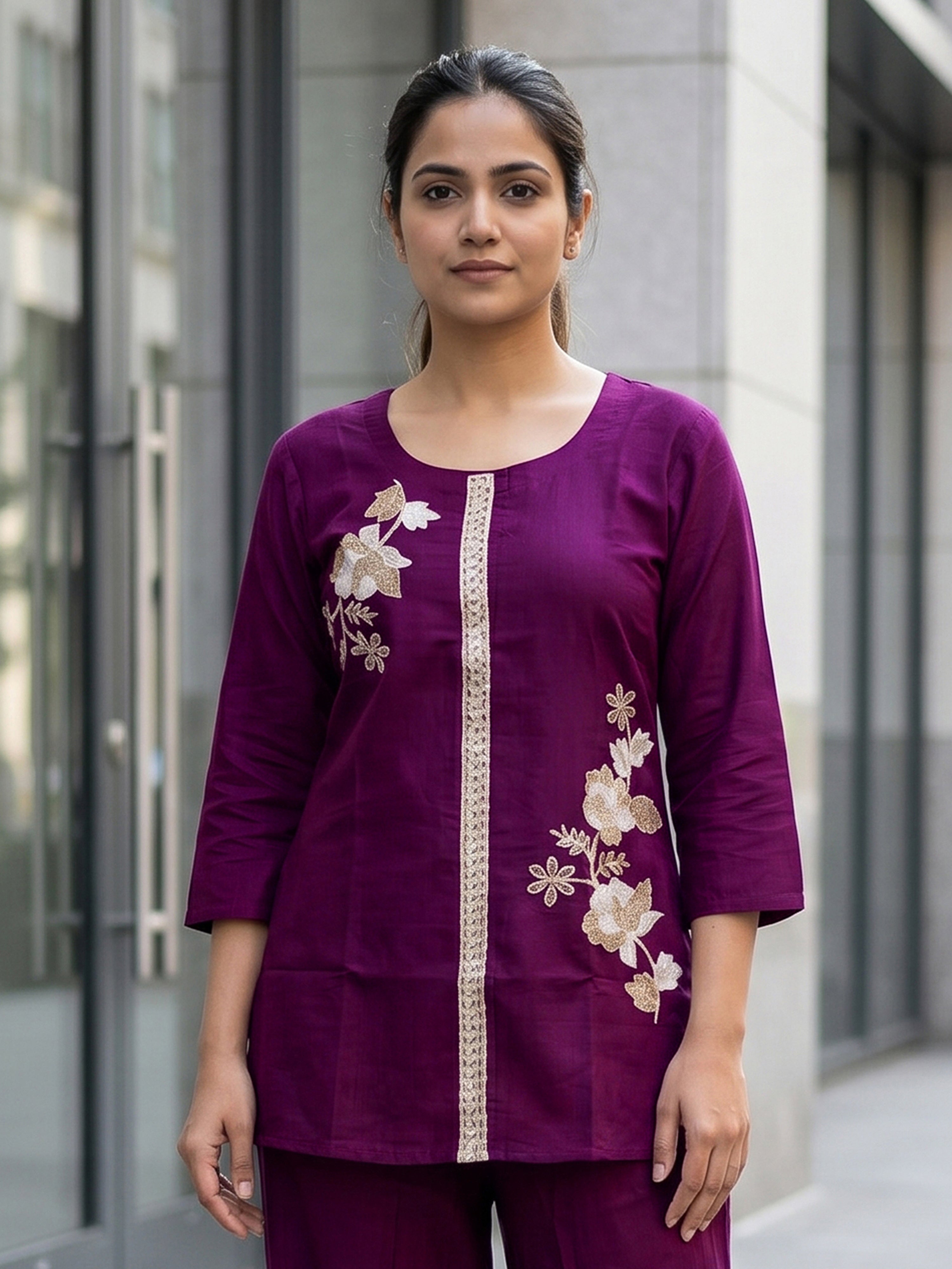 Soft Viscose Floral Embroidery Work Kurta Top with Pants
