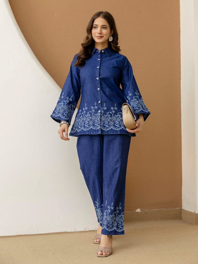 Denim Blue Embroidery Work Co-Ord Set