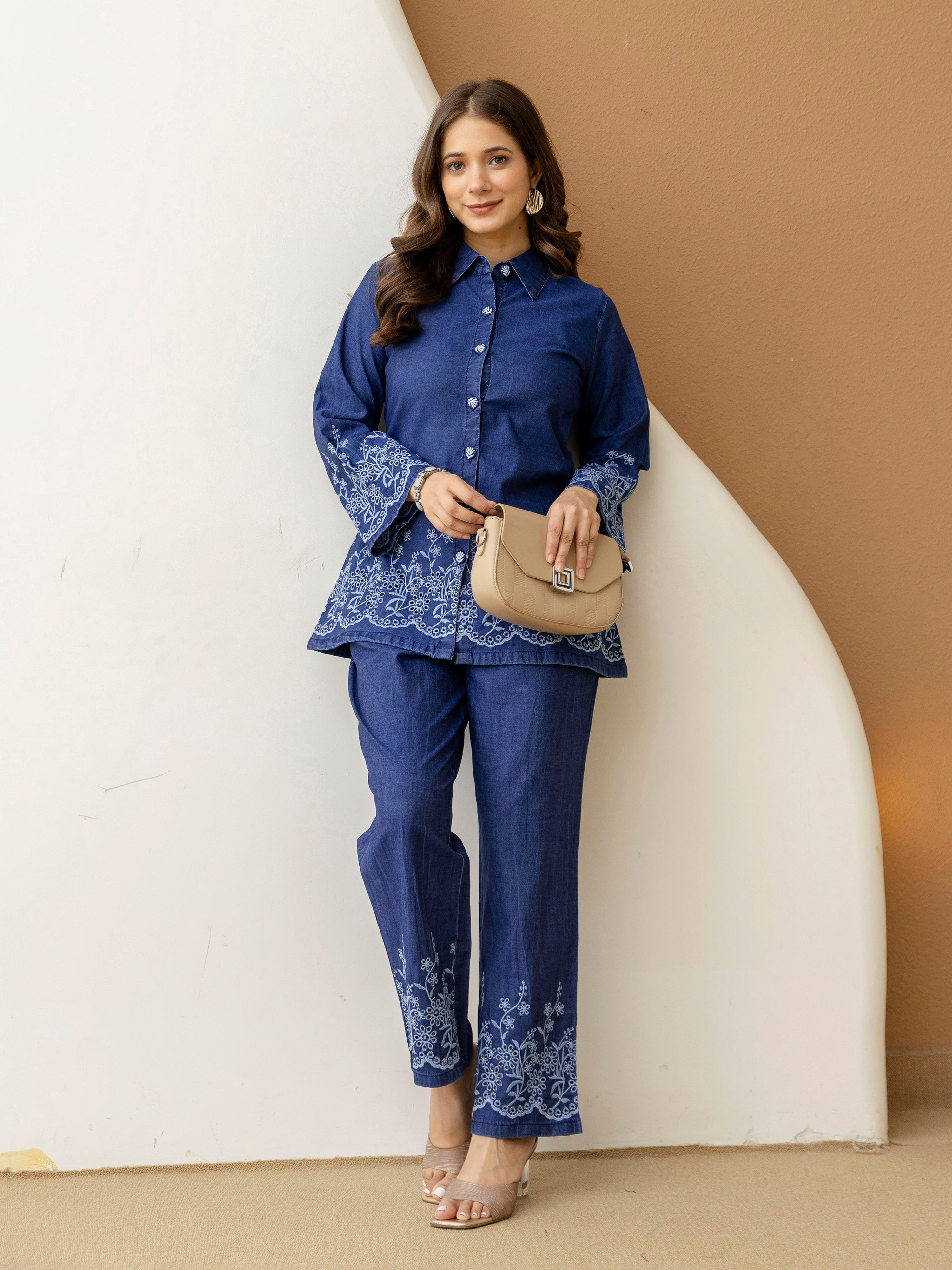 Denim Blue Embroidery Work Co-Ord Set