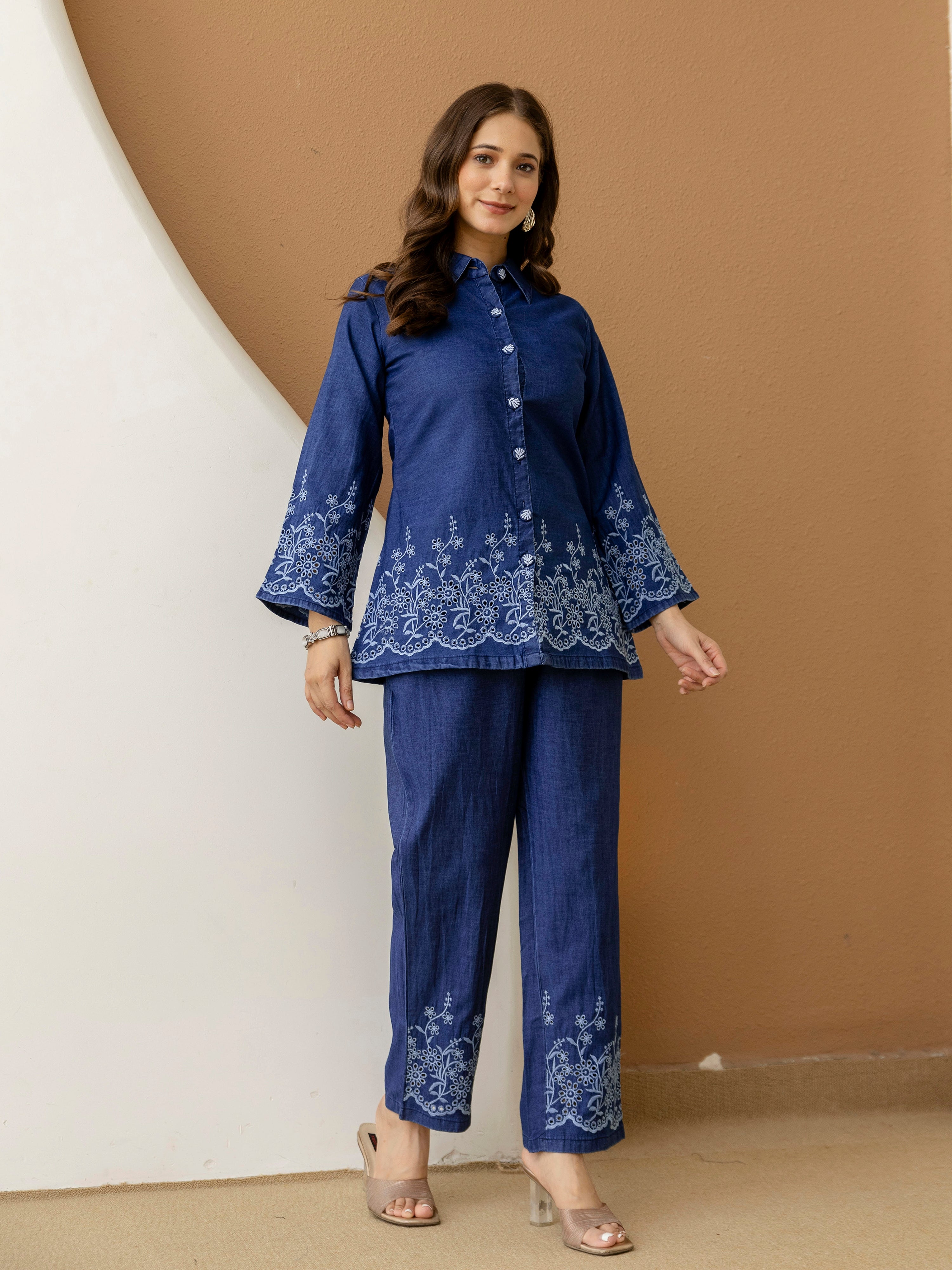 Denim Blue Embroidery Work Co-Ord Set