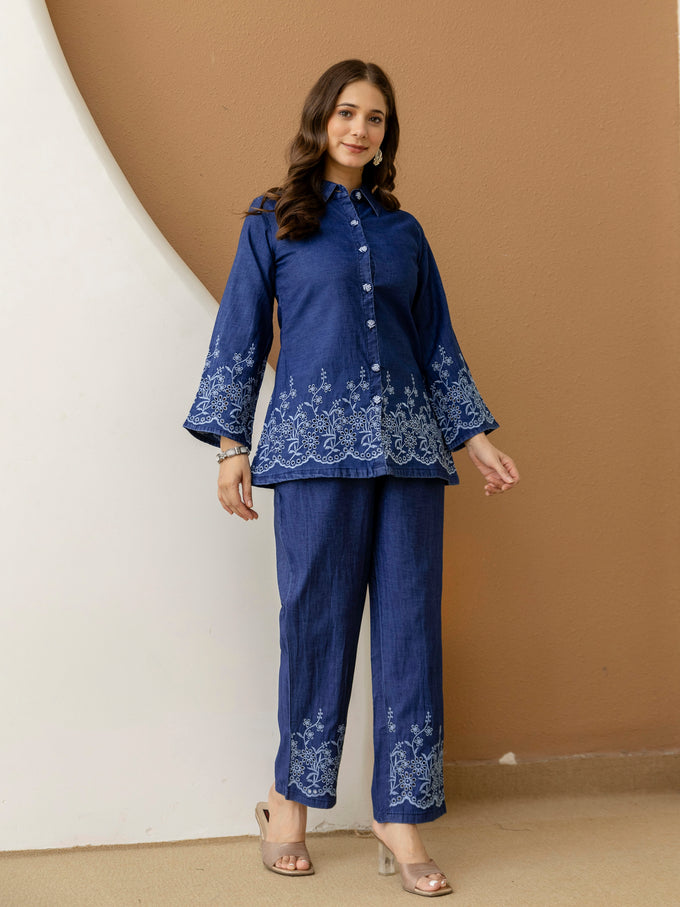 Denim Blue Embroidery Work Co-Ord Set