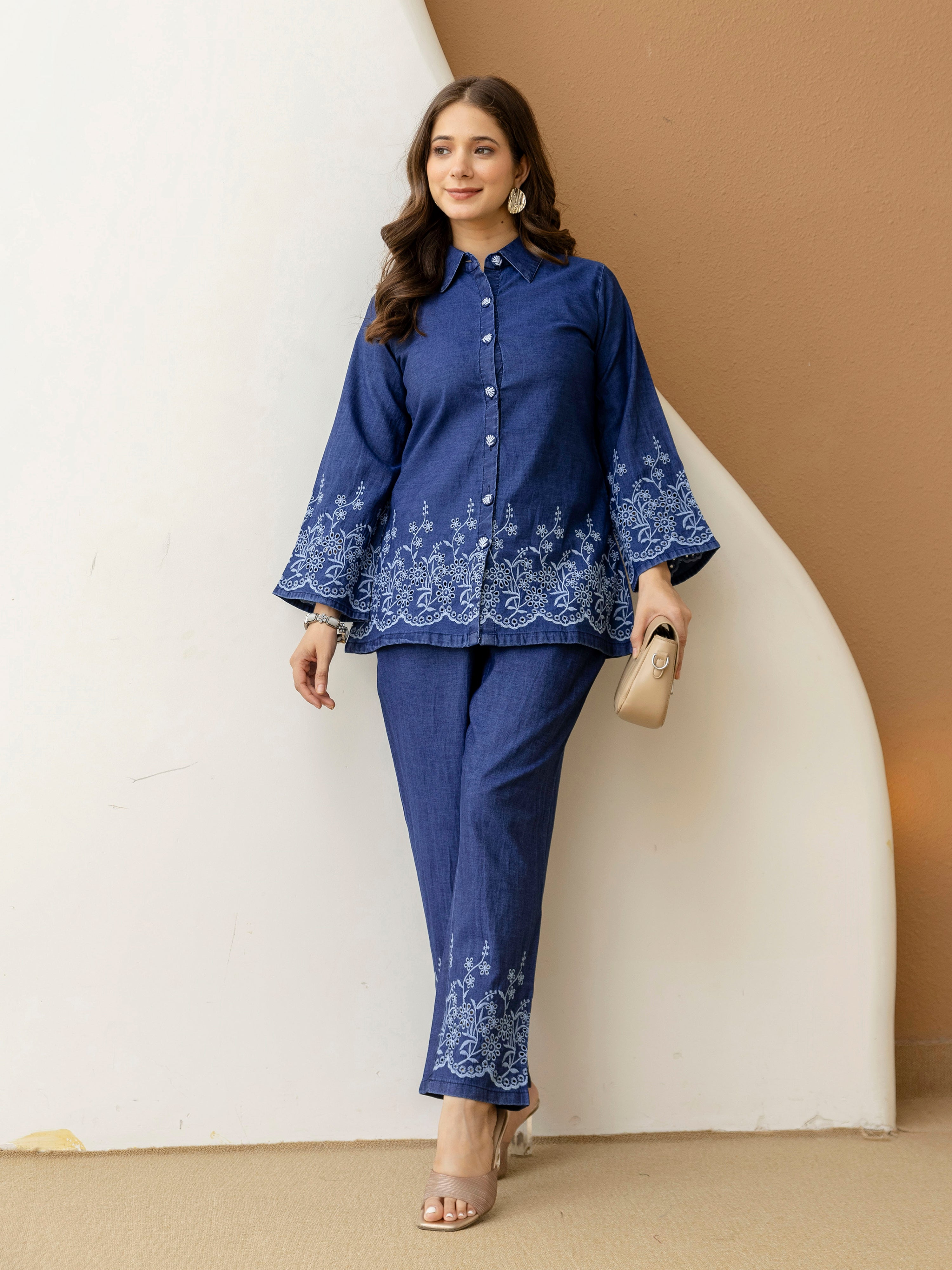 Denim Blue Embroidery Work Co-Ord Set