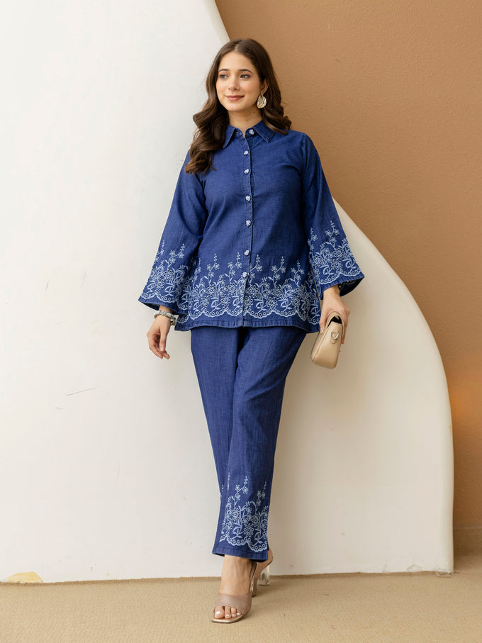 Denim Blue Embroidery Work Co-Ord Set