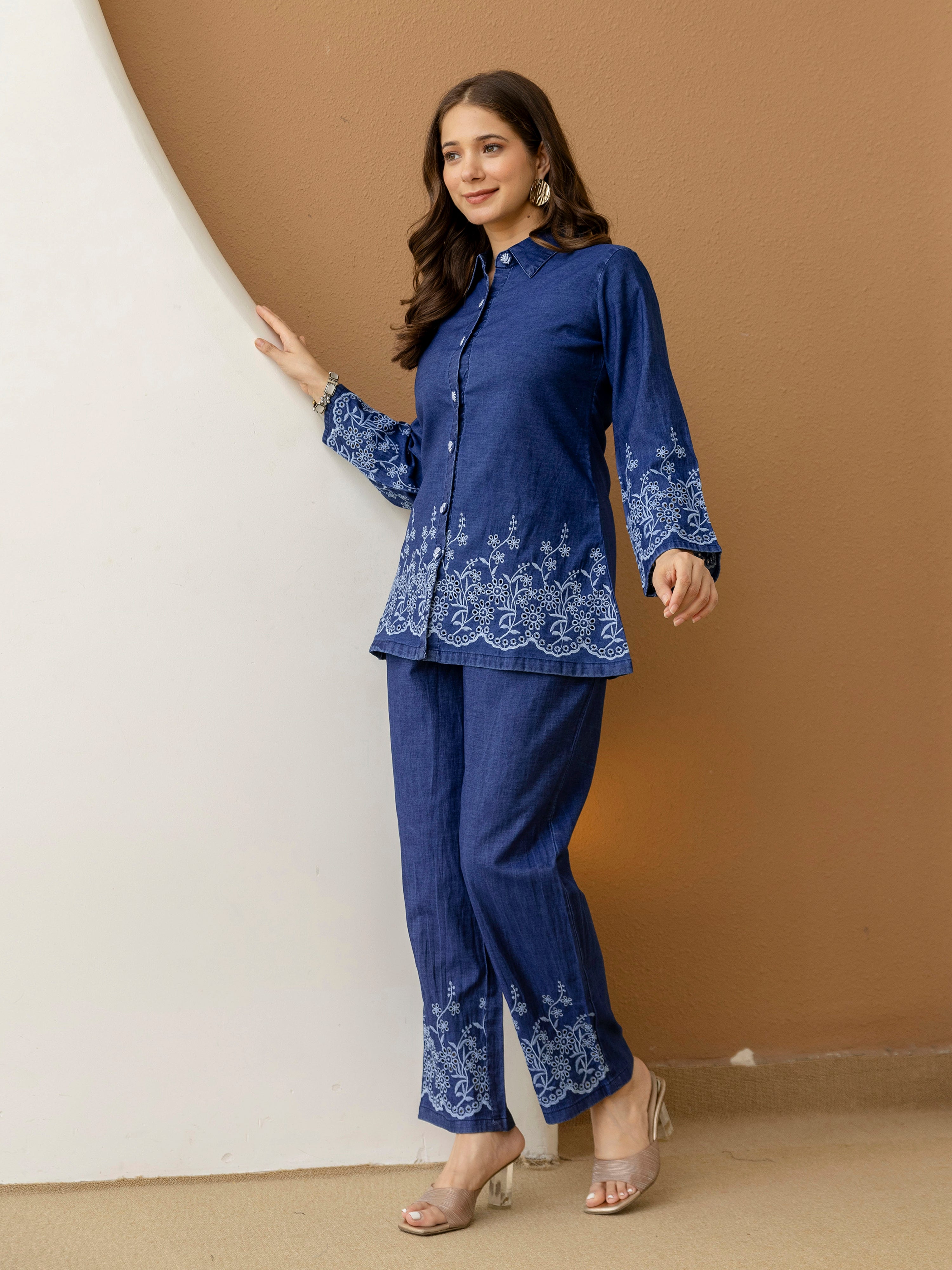 Denim Blue Embroidery Work Co-Ord Set