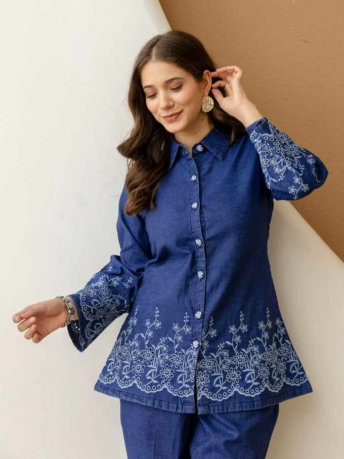 Denim Blue Embroidery Work Co-Ord Set
