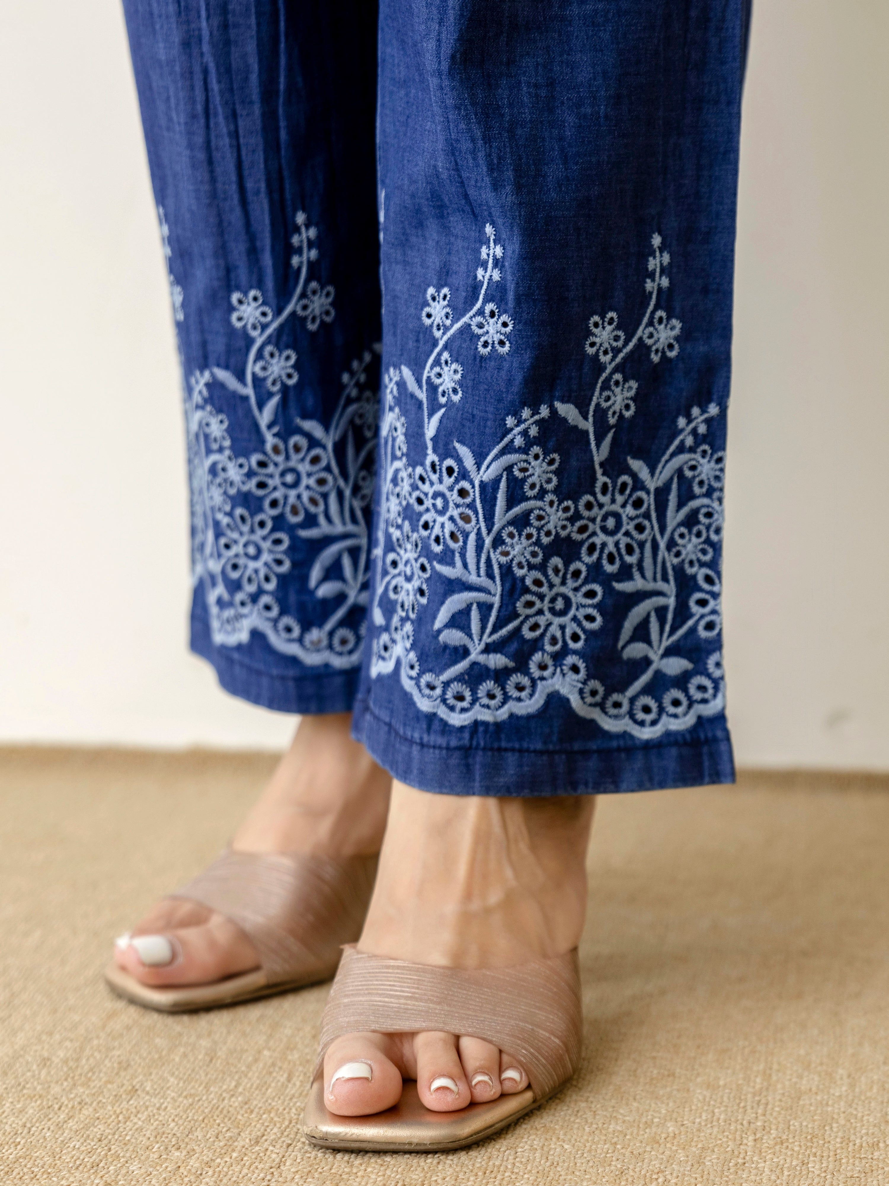 Denim Blue Embroidery Work Co-Ord Set