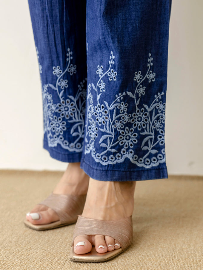 Denim Blue Embroidery Work Co-Ord Set
