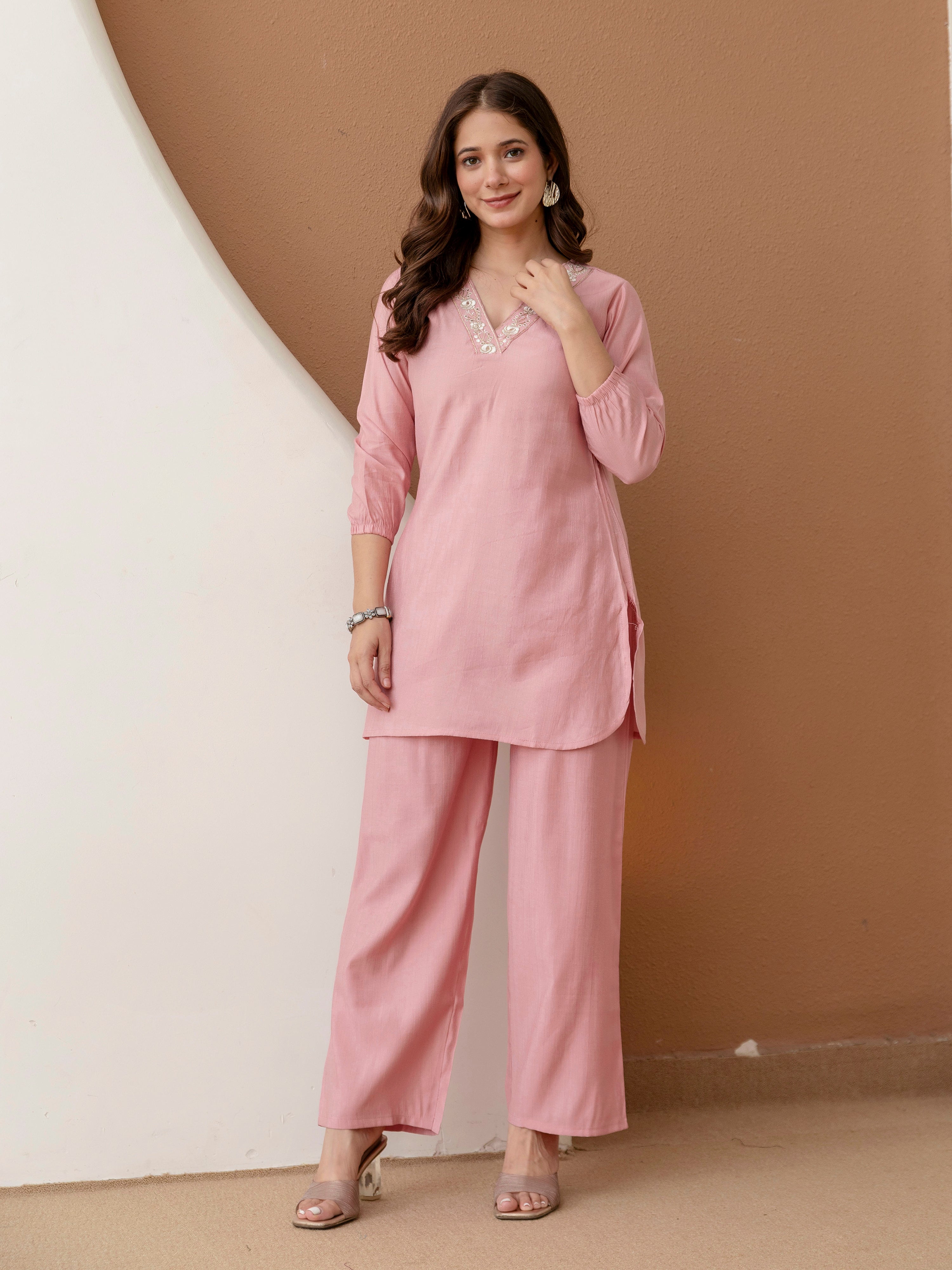 Pink Soft Viscose Floral Embroidery Work Kurta Top with Pants Casual Office Wear Co Ord Set for Women