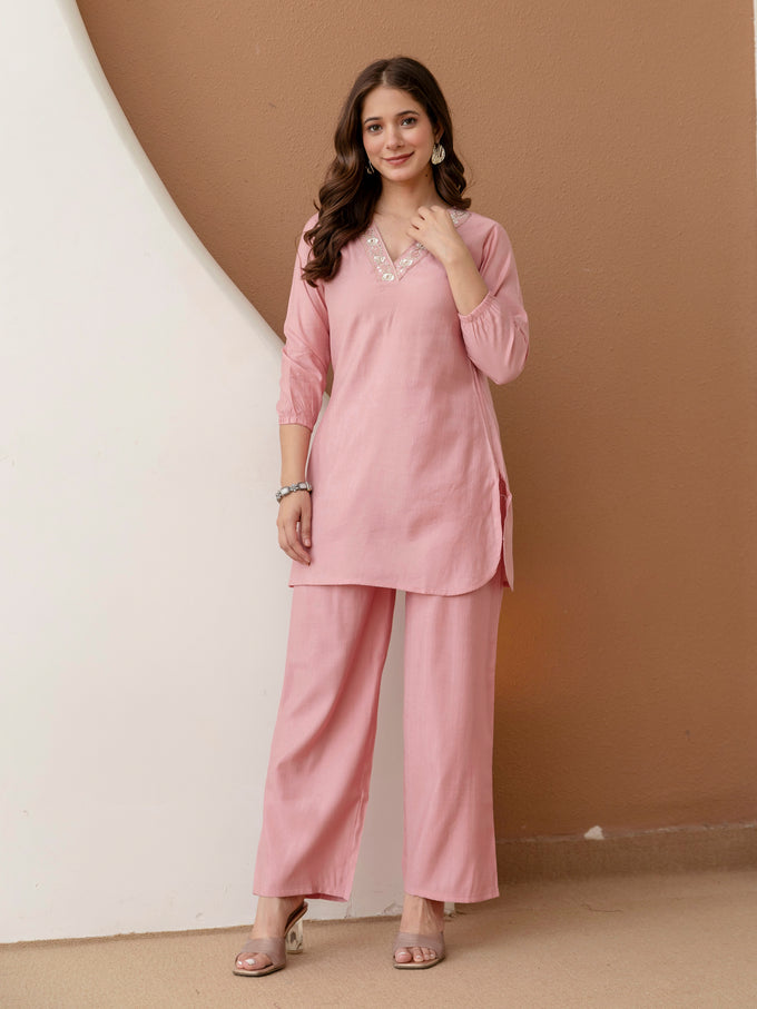 Pink Soft Viscose Floral Embroidery Work Kurta Top with Pants Casual Office Wear Co Ord Set for Women