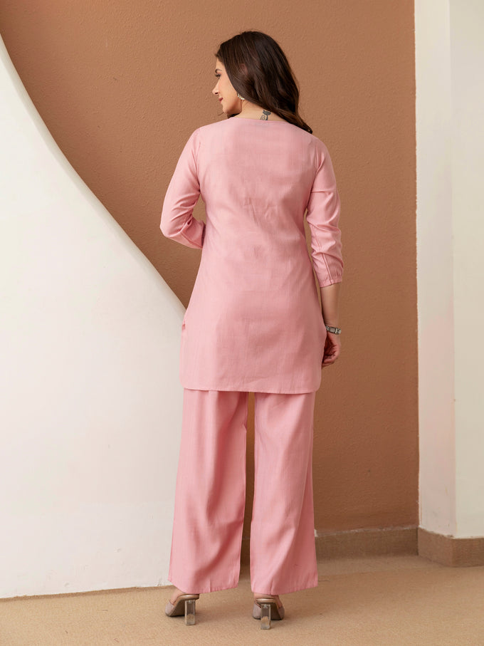 Pink Soft Viscose Floral Embroidery Work Kurta Top with Pants Casual Office Wear Co Ord Set for Women