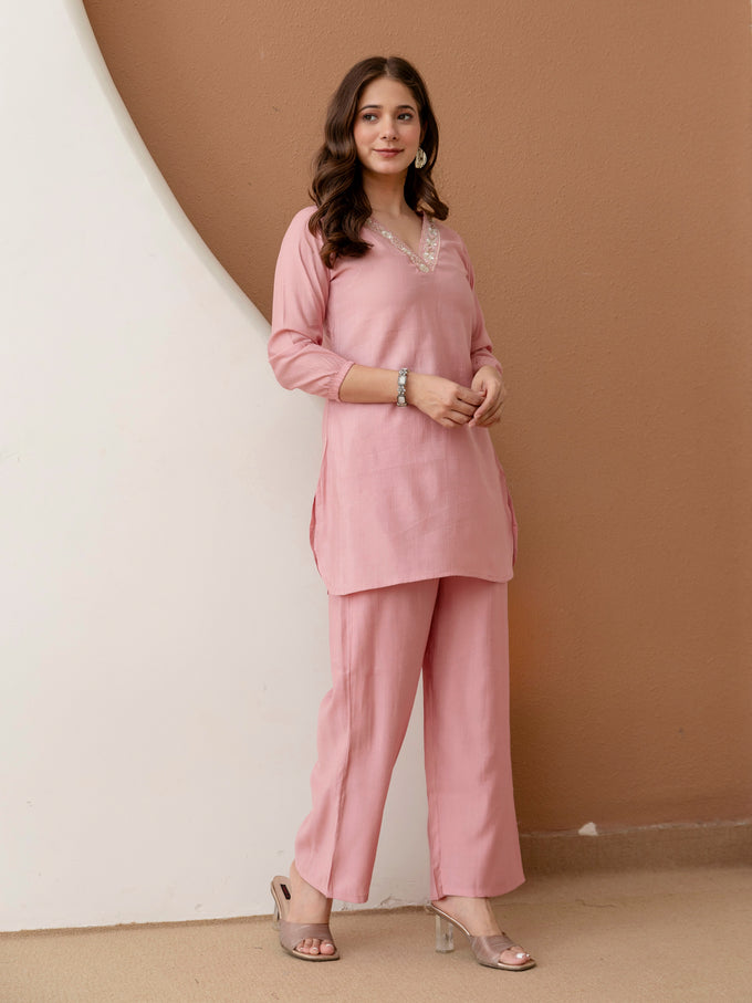 Pink Soft Viscose Floral Embroidery Work Kurta Top with Pants Casual Office Wear Co Ord Set for Women