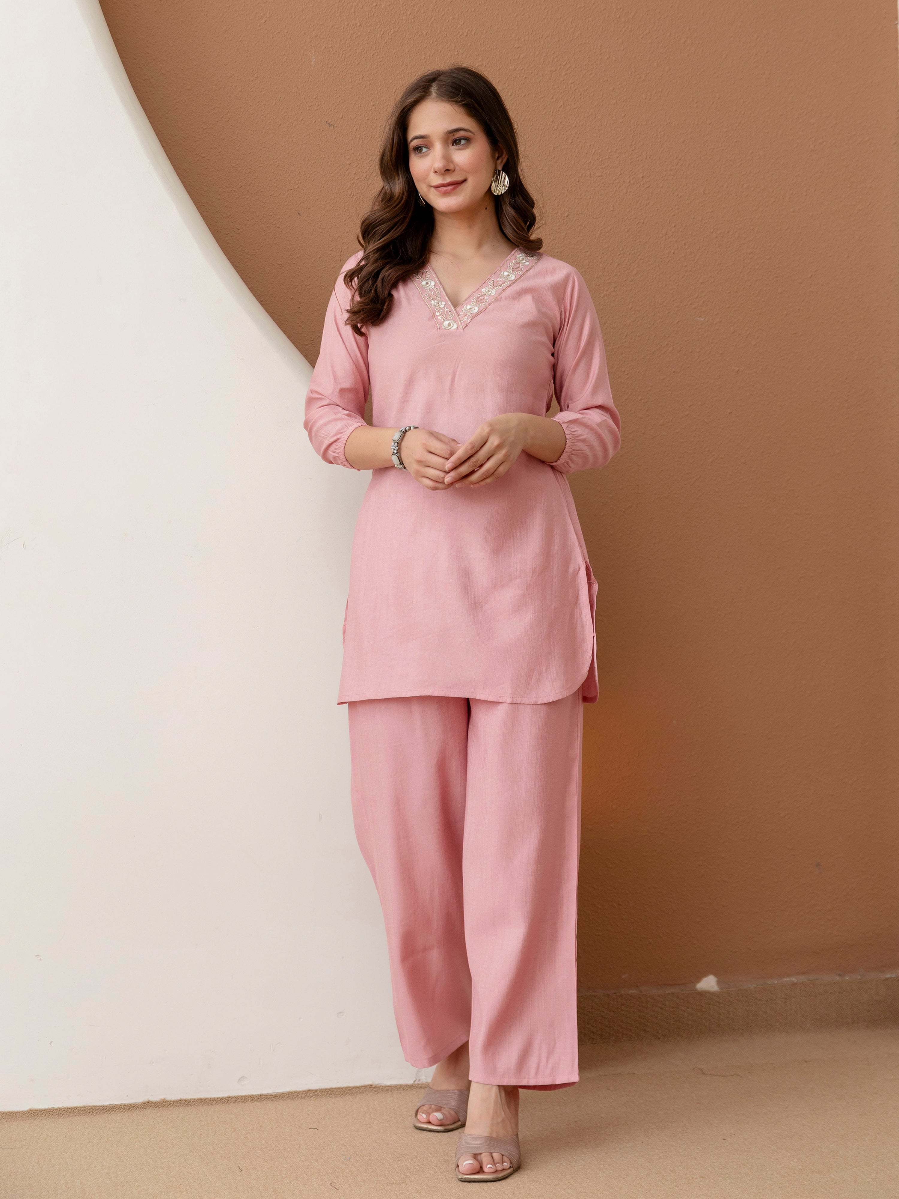 Pink Soft Viscose Floral Embroidery Work Kurta Top with Pants Casual Office Wear Co Ord Set for Women