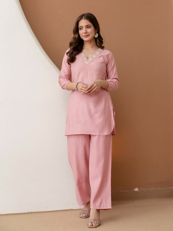 Pink Soft Viscose Floral Embroidery Work Kurta Top with Pants Casual Office Wear Co Ord Set for Women