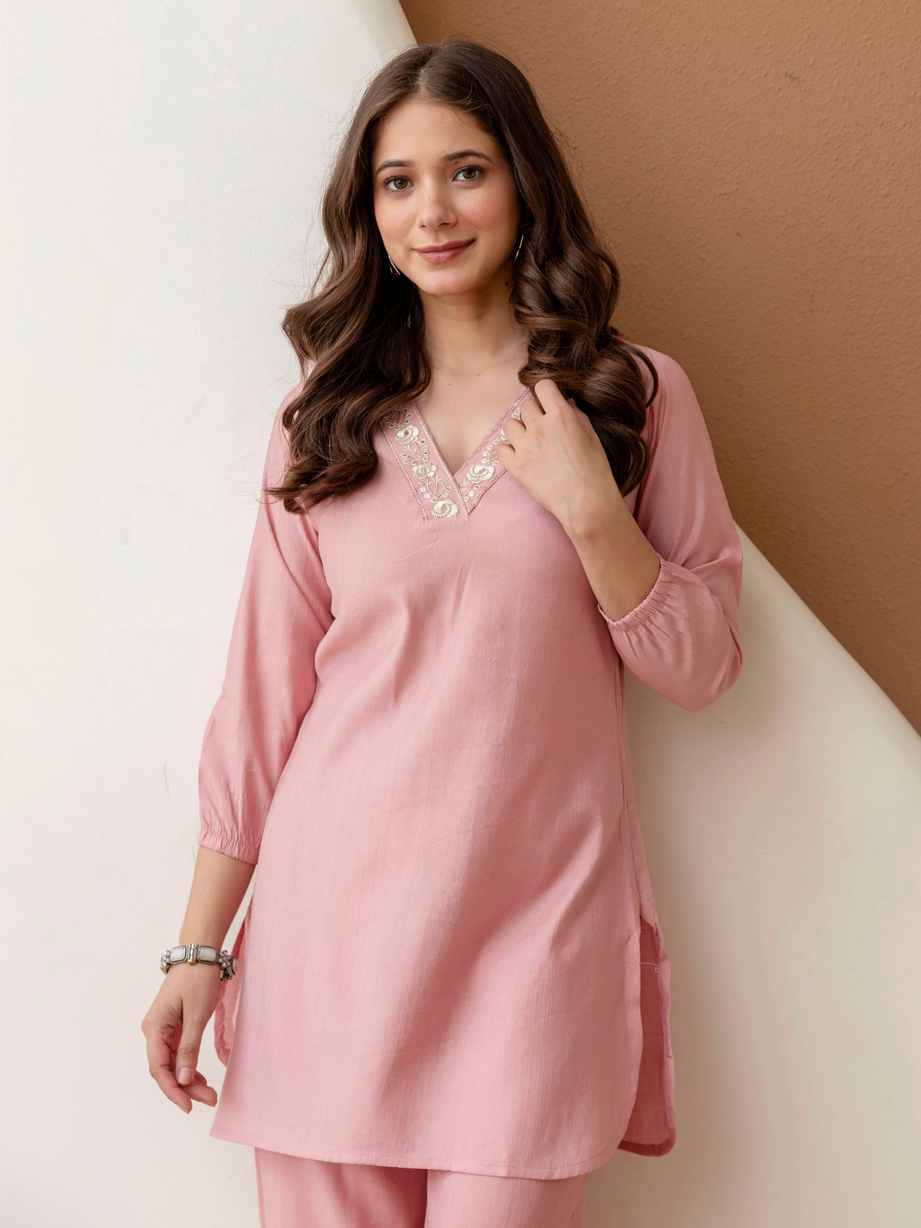 Pink Soft Viscose Floral Embroidery Work Kurta Top with Pants Casual Office Wear Co Ord Set for Women