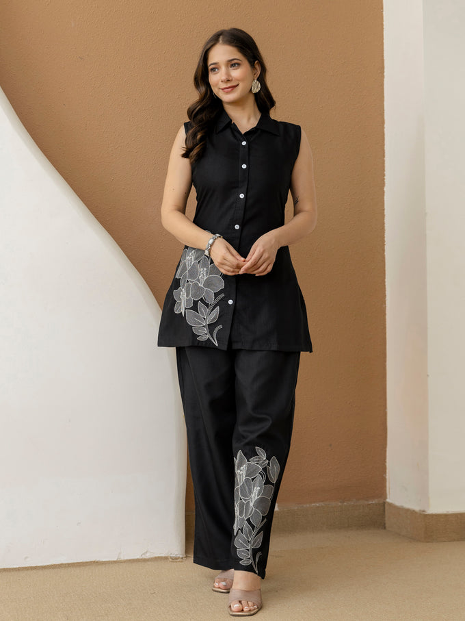 Black Cambric Cotton Embroidery Work Co-Ord Set with Shirt Style Top and Straight Pant for Women