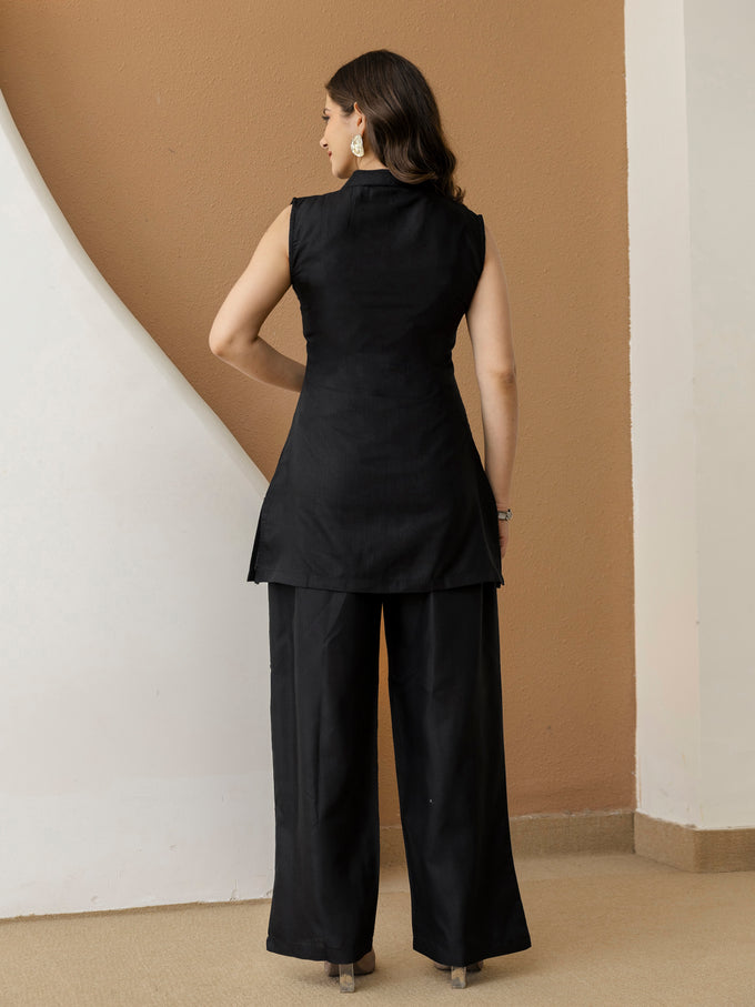 Black Cambric Cotton Embroidery Work Co-Ord Set with Shirt Style Top and Straight Pant for Women