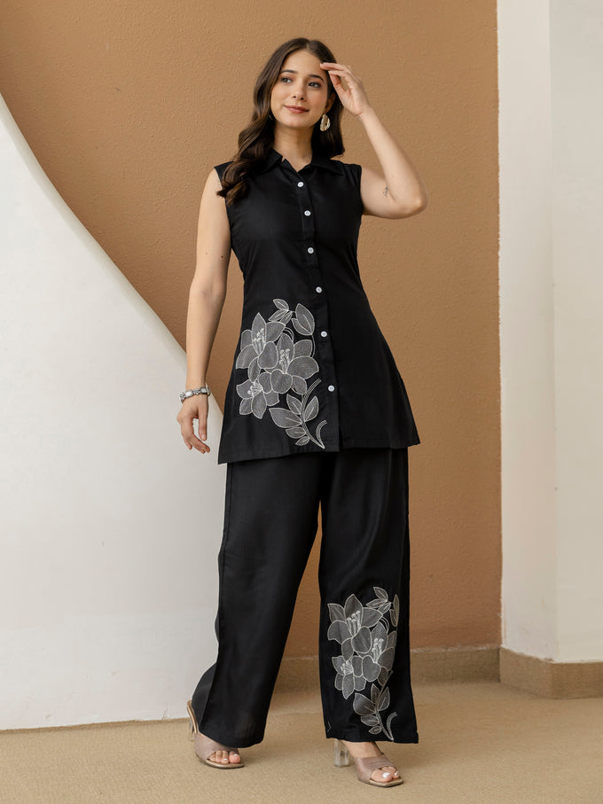 Black Cambric Cotton Embroidery Work Co-Ord Set with Shirt Style Top and Straight Pant for Women