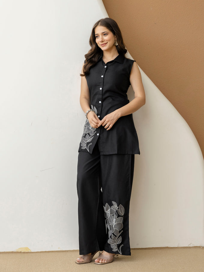 Black Cambric Cotton Embroidery Work Co-Ord Set with Shirt Style Top and Straight Pant for Women