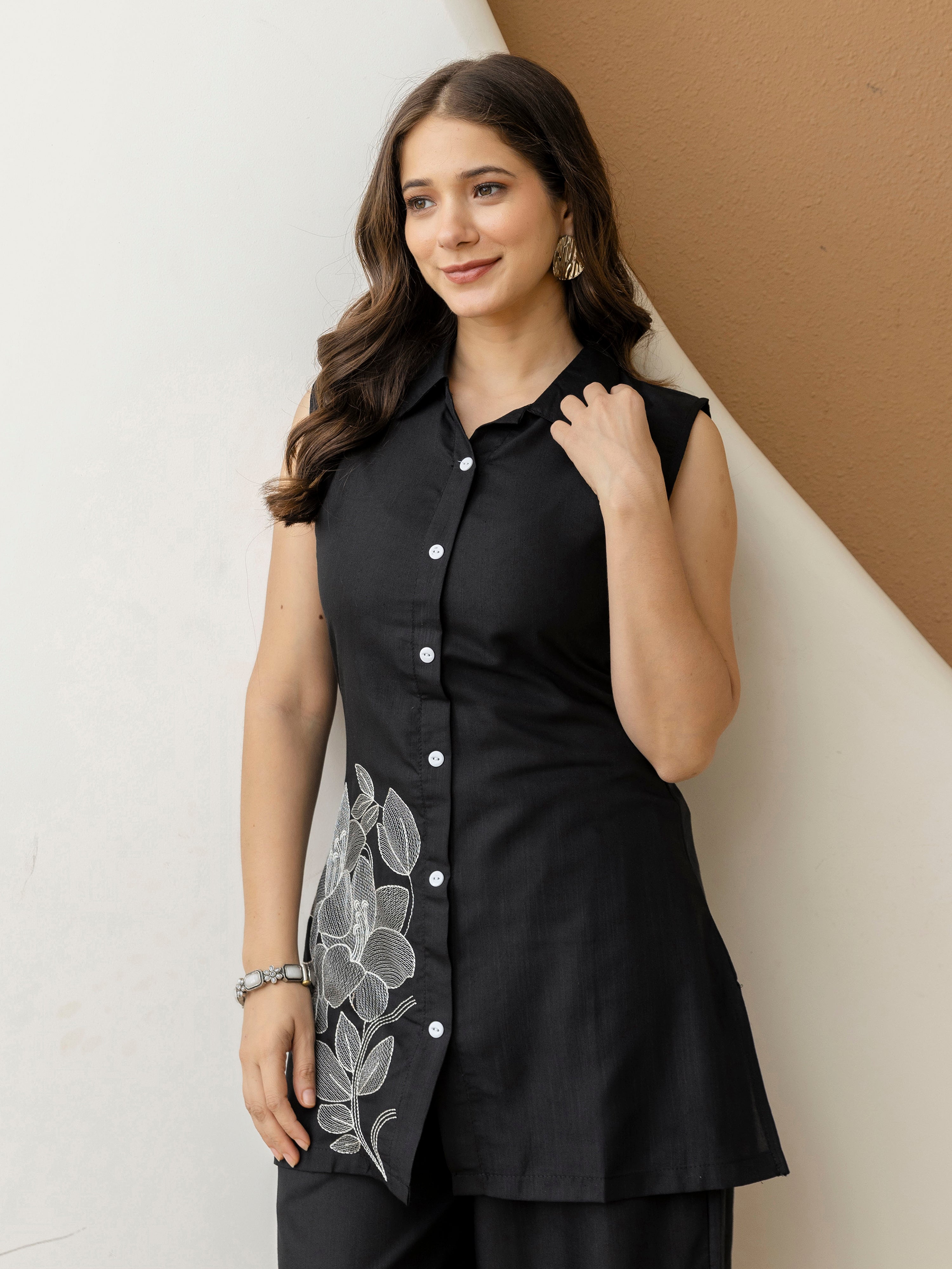 Black Cambric Cotton Embroidery Work Co-Ord Set with Shirt Style Top and Straight Pant for Women