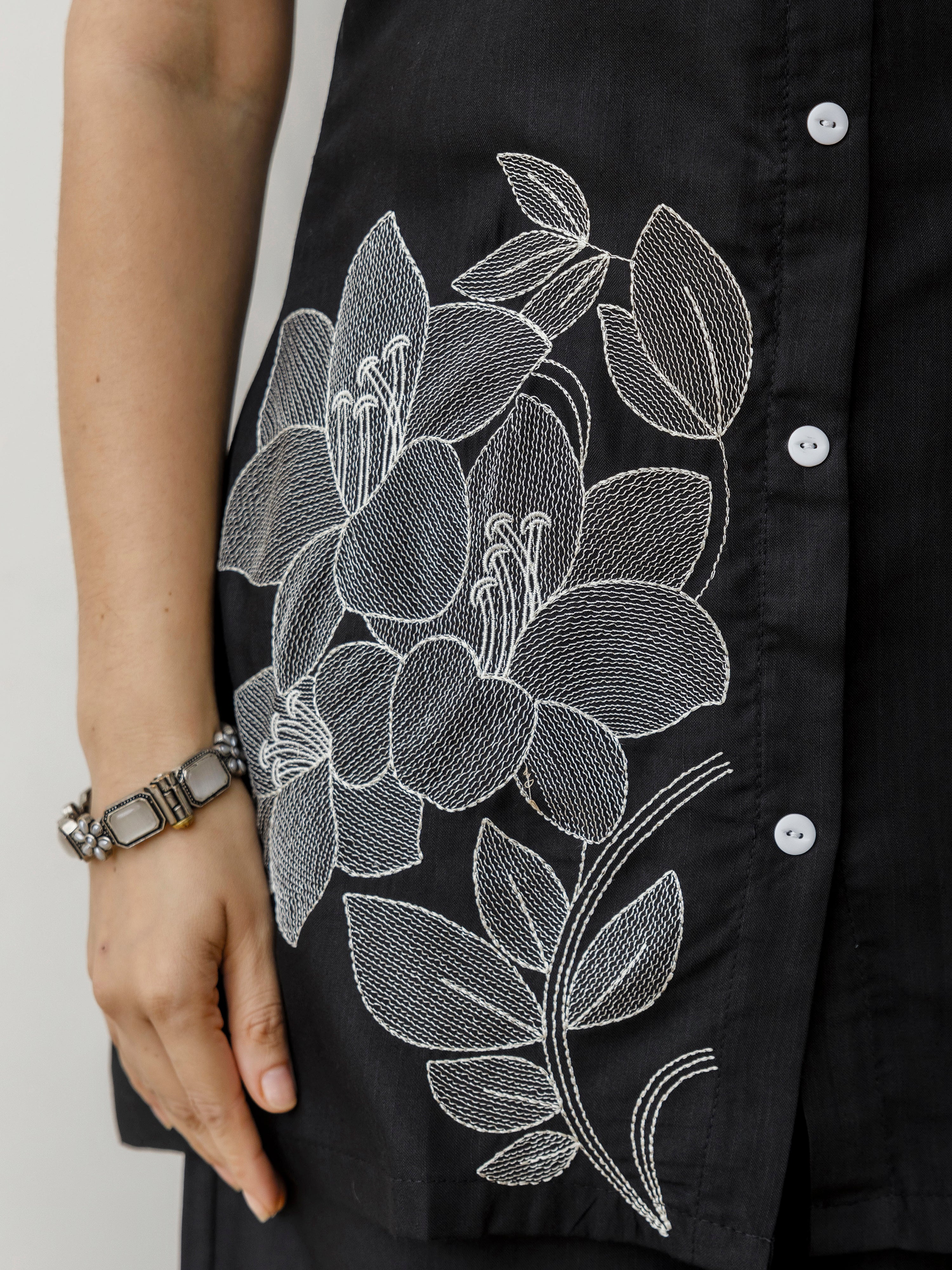 Black Cambric Cotton Embroidery Work Co-Ord Set with Shirt Style Top and Straight Pant for Women