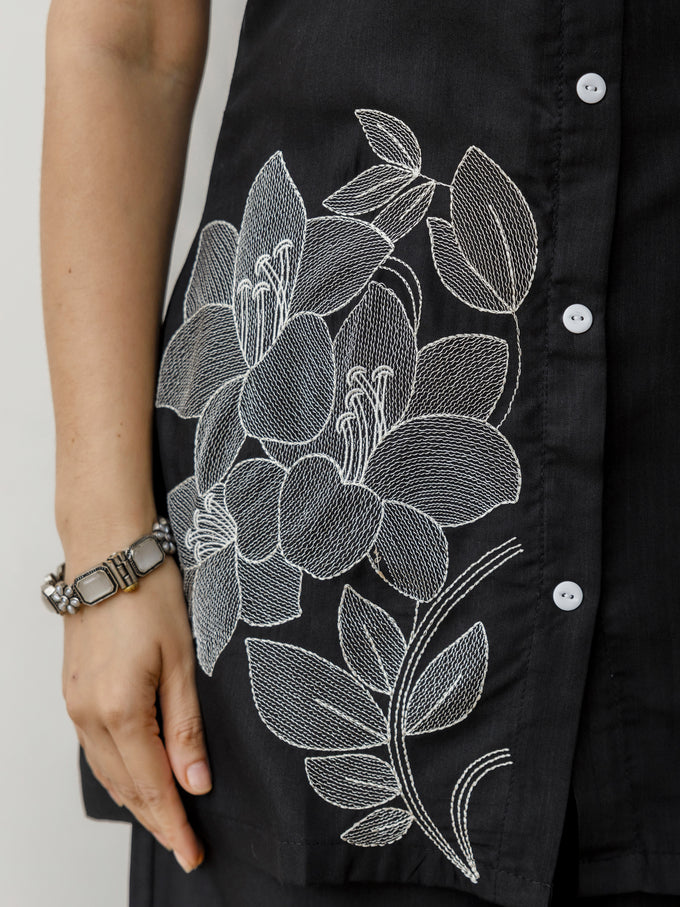 Black Cambric Cotton Embroidery Work Co-Ord Set with Shirt Style Top and Straight Pant for Women
