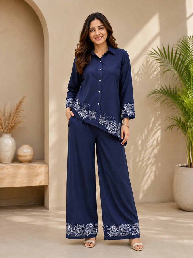 Blue Denim Embroidery Work Co-Ord Set with Shirt Style Top and Straight Pant for Women