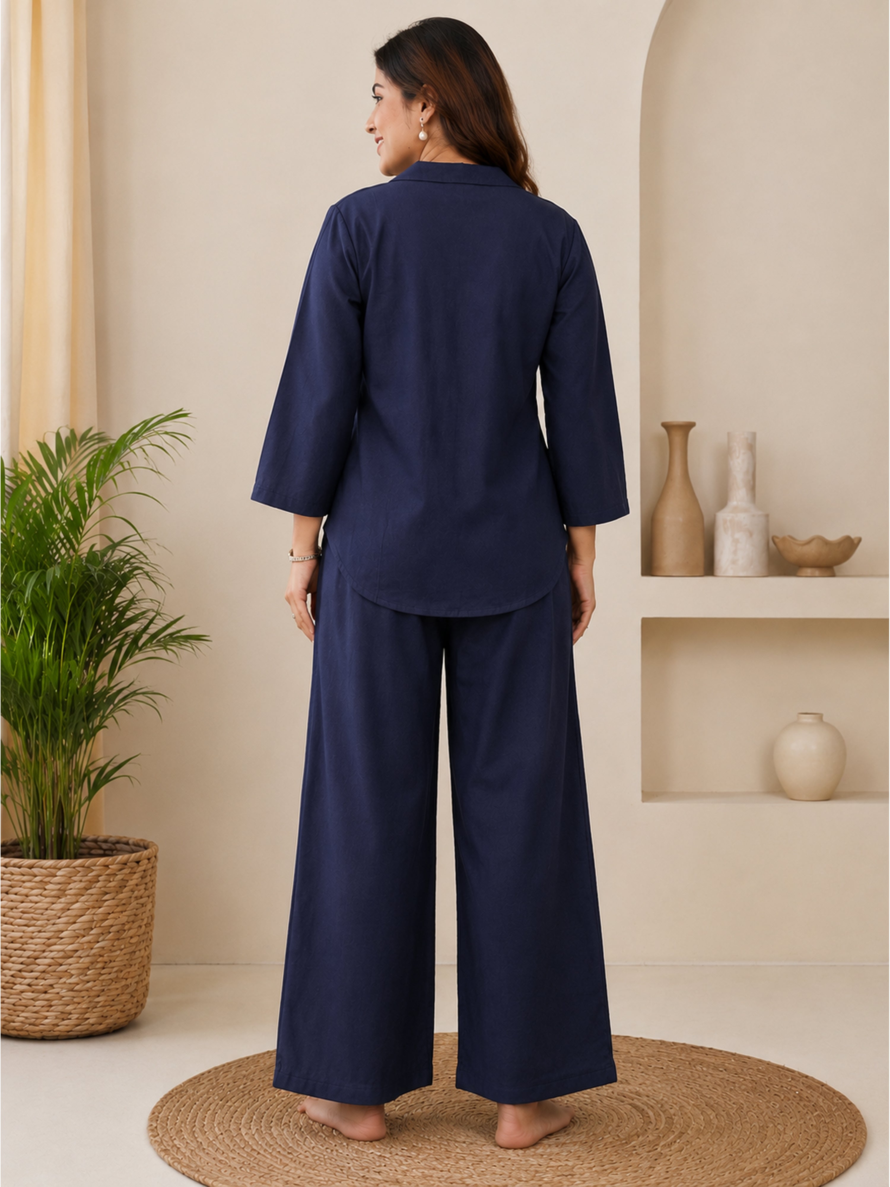 Blue Denim Embroidery Work Co-Ord Set with Shirt Style Top and Straight Pant for Women