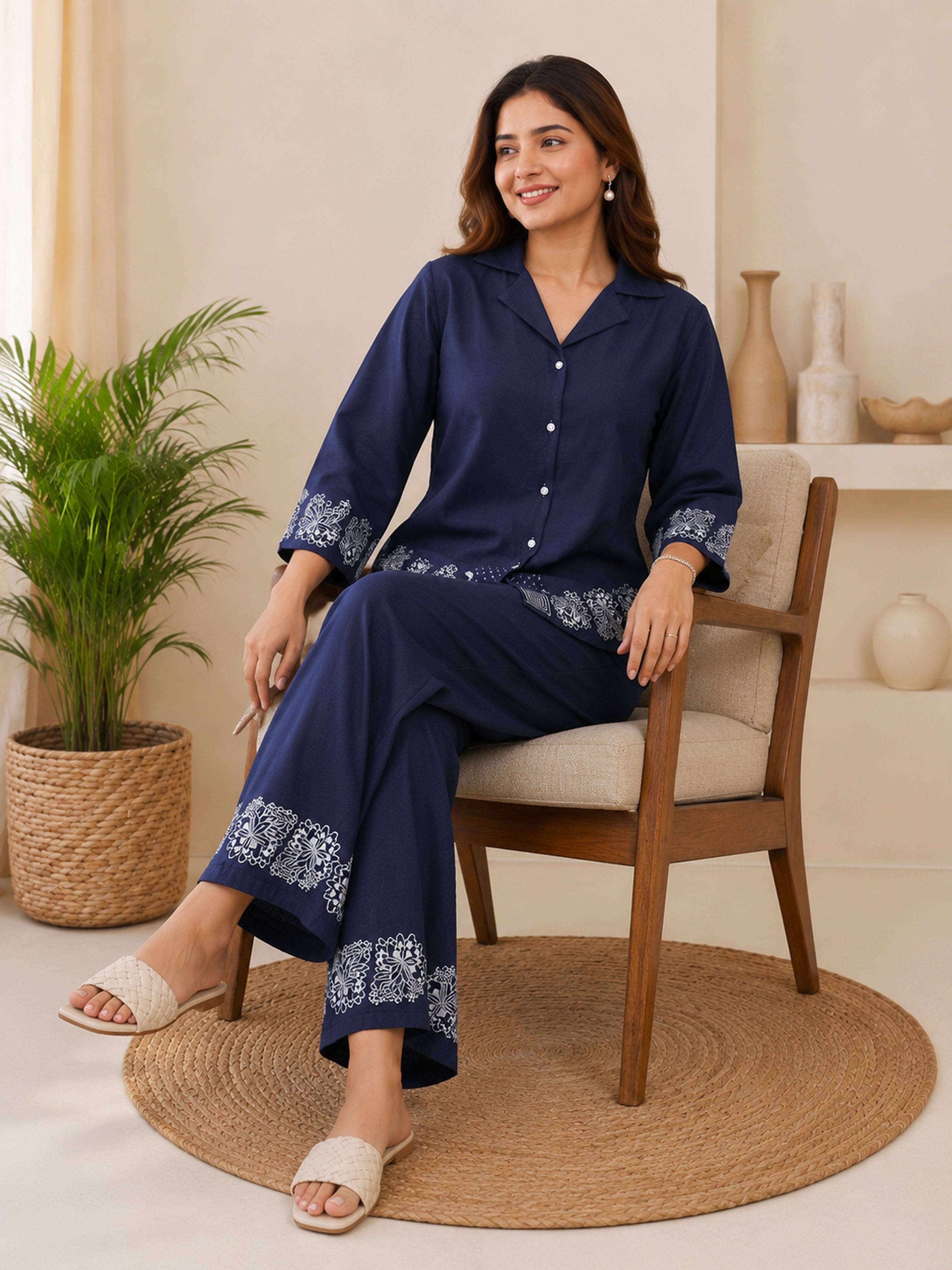 Blue Denim Embroidery Work Co-Ord Set with Shirt Style Top and Straight Pant for Women