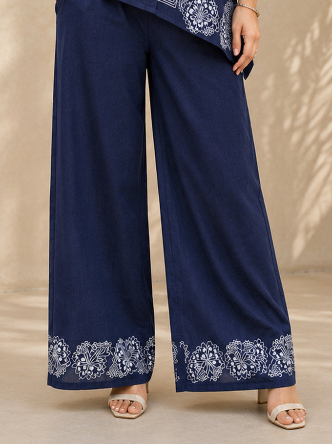 Blue Denim Embroidery Work Co-Ord Set with Shirt Style Top and Straight Pant for Women