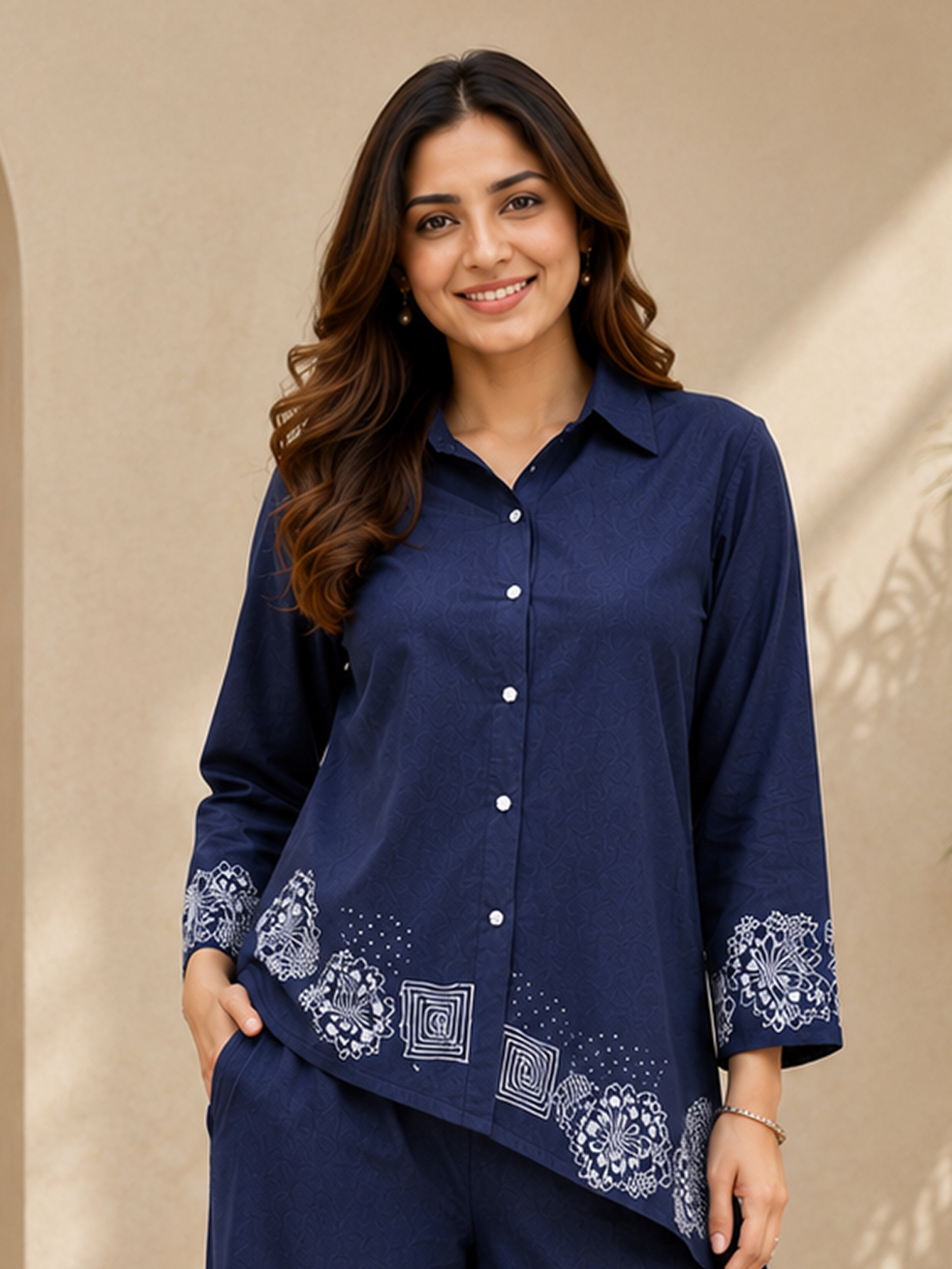 Blue Denim Embroidery Work Co-Ord Set with Shirt Style Top and Straight Pant for Women
